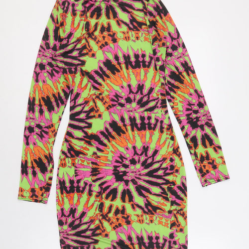 PRETTYLITTLETHING Womens Multicoloured Geometric Viscose Bodycon Size 6 Mock Neck Pullover