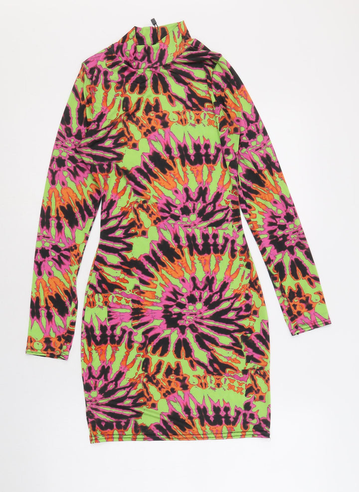 PRETTYLITTLETHING Womens Multicoloured Geometric Viscose Bodycon Size 6 Mock Neck Pullover