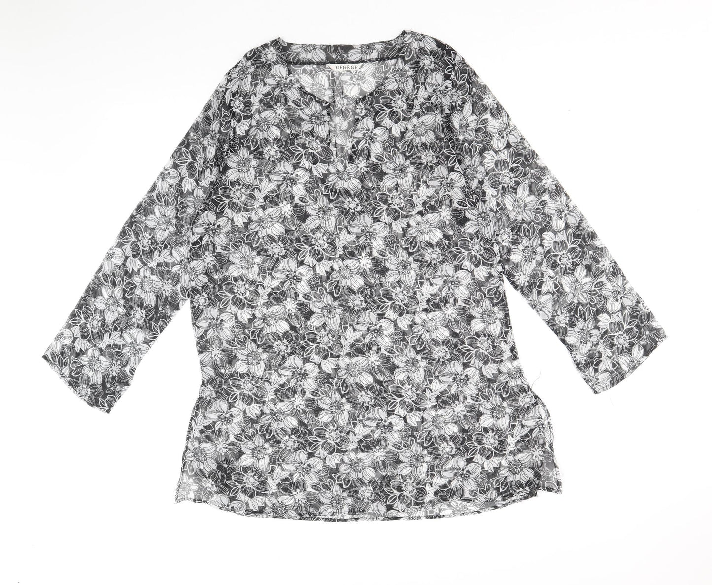 George Womens Black Floral Polyester Kaftan Size 10 V-Neck Pullover - Beach cover up