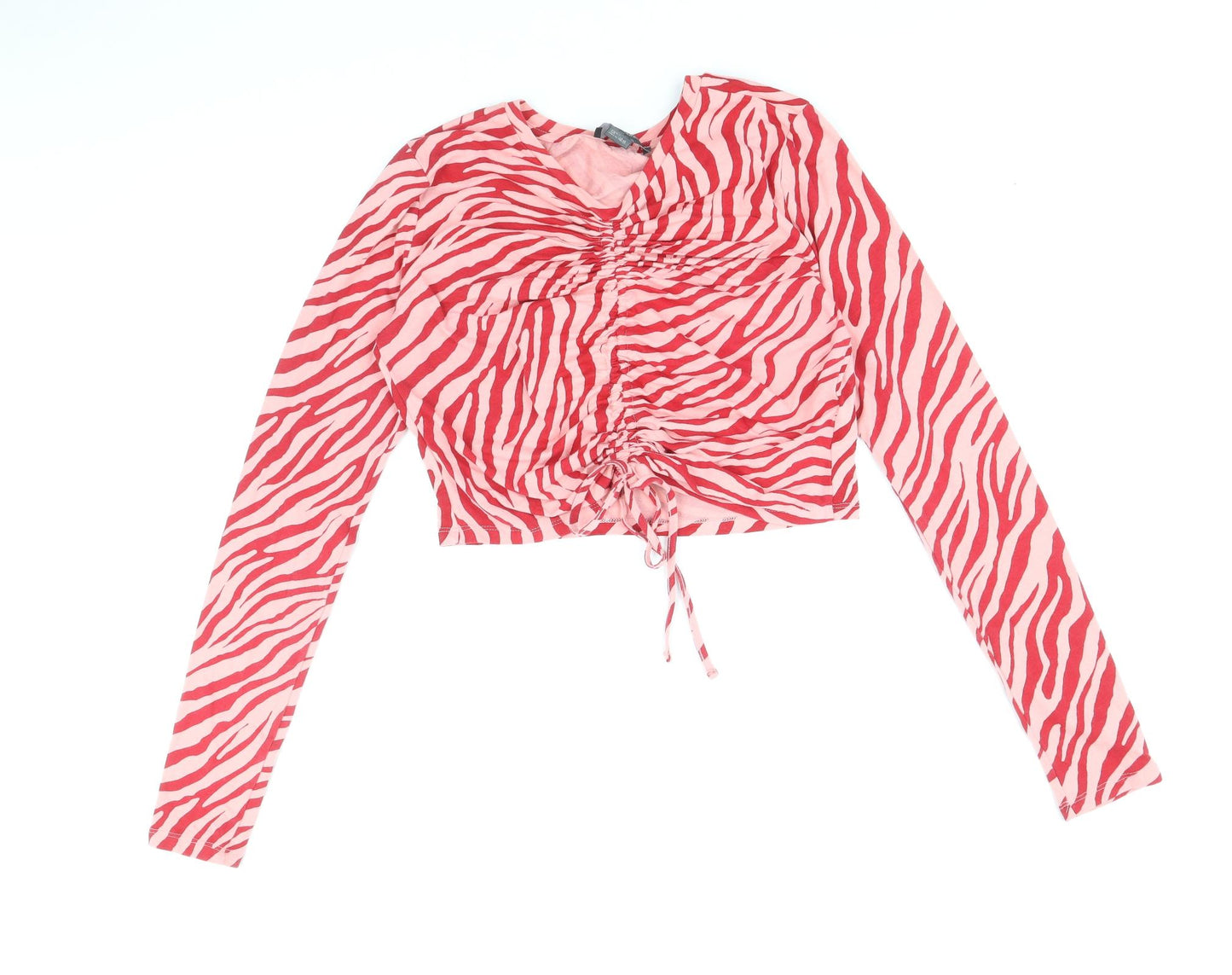 Primark Womens Pink Animal Print Cotton Cropped Blouse Size L V-Neck - Tiger Print Front Ruched