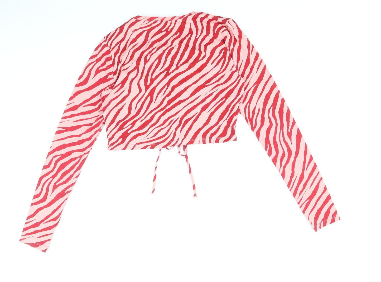 Primark Womens Pink Animal Print Cotton Cropped Blouse Size L V-Neck - Tiger Print Front Ruched