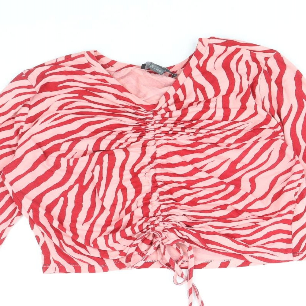 Primark Womens Pink Animal Print Cotton Cropped Blouse Size L V-Neck - Tiger Print Front Ruched