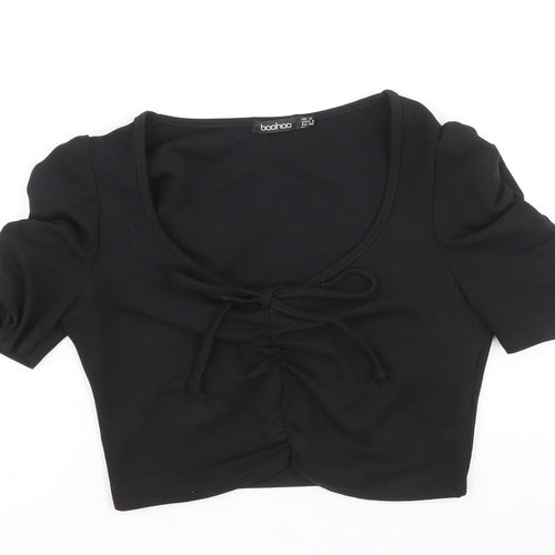 Boohoo Womens Black Polyacrylate Fibre Cropped T-Shirt Size 12 Scoop Neck - Front Ruched
