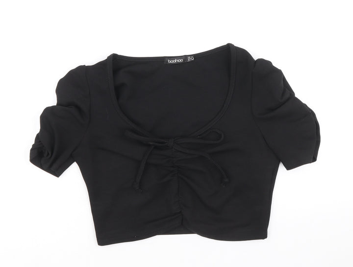 Boohoo Womens Black Polyacrylate Fibre Cropped T-Shirt Size 12 Scoop Neck - Front Ruched
