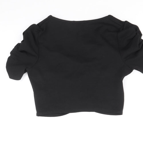 Boohoo Womens Black Polyacrylate Fibre Cropped T-Shirt Size 12 Scoop Neck - Front Ruched