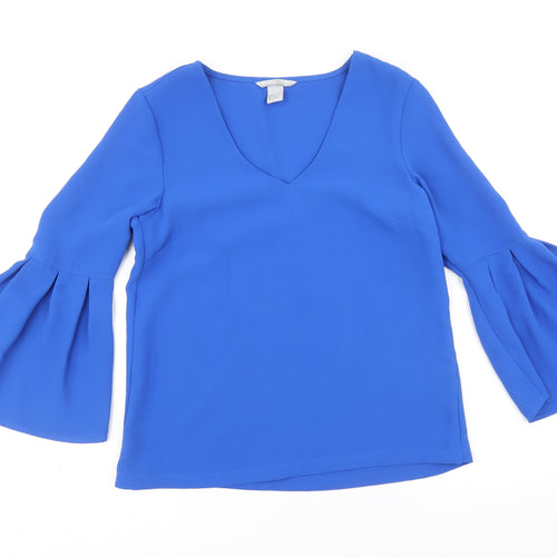 H&M Womens Blue Polyester Basic Blouse Size 6 V-Neck - Bell Sleeve