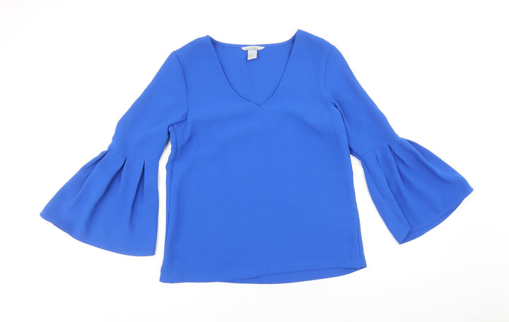 H&M Womens Blue Polyester Basic Blouse Size 6 V-Neck - Bell Sleeve