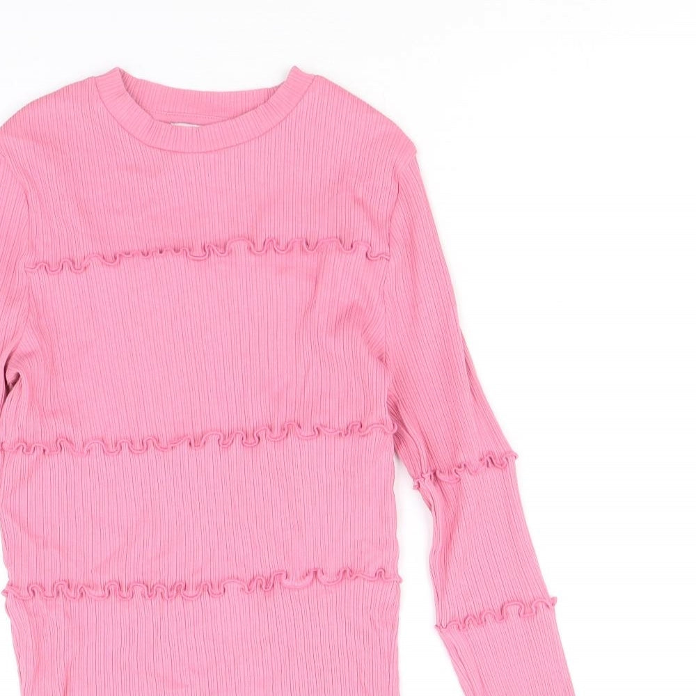 River Island Girls Pink Cotton Basic T-Shirt Size 11-12 Years Round Neck Pullover