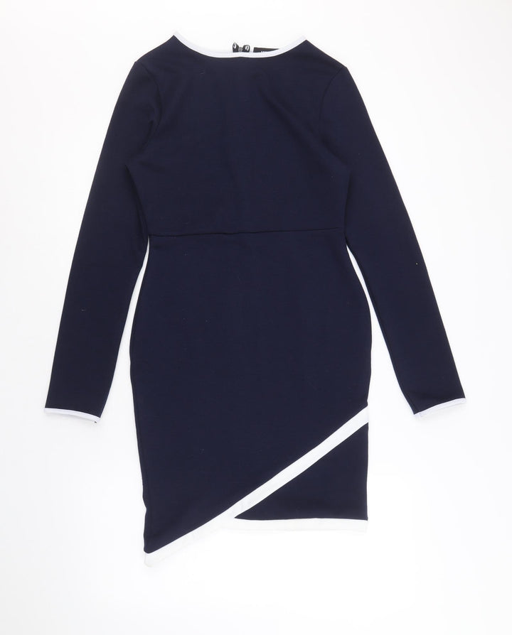 Missguided Womens Blue Polyester Bodycon Size 10 Boat Neck Zip - Asymmetric Detail