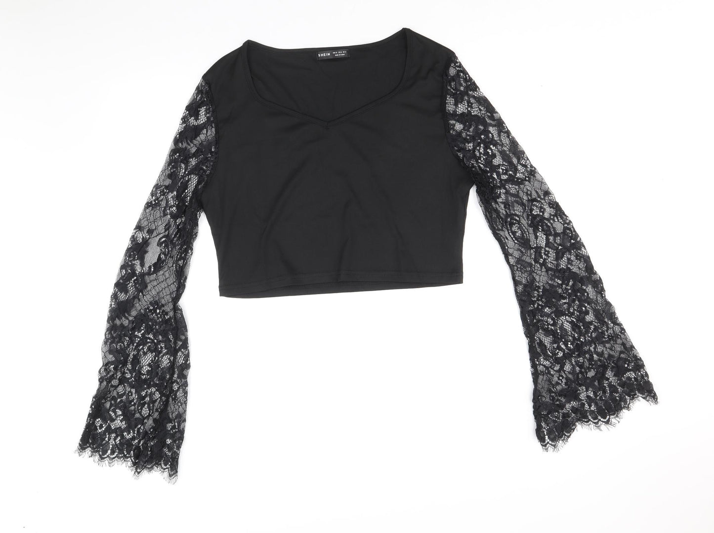 SheIn Womens Black Cotton Cropped Blouse Size XL Scoop Neck - Lace Sleeve