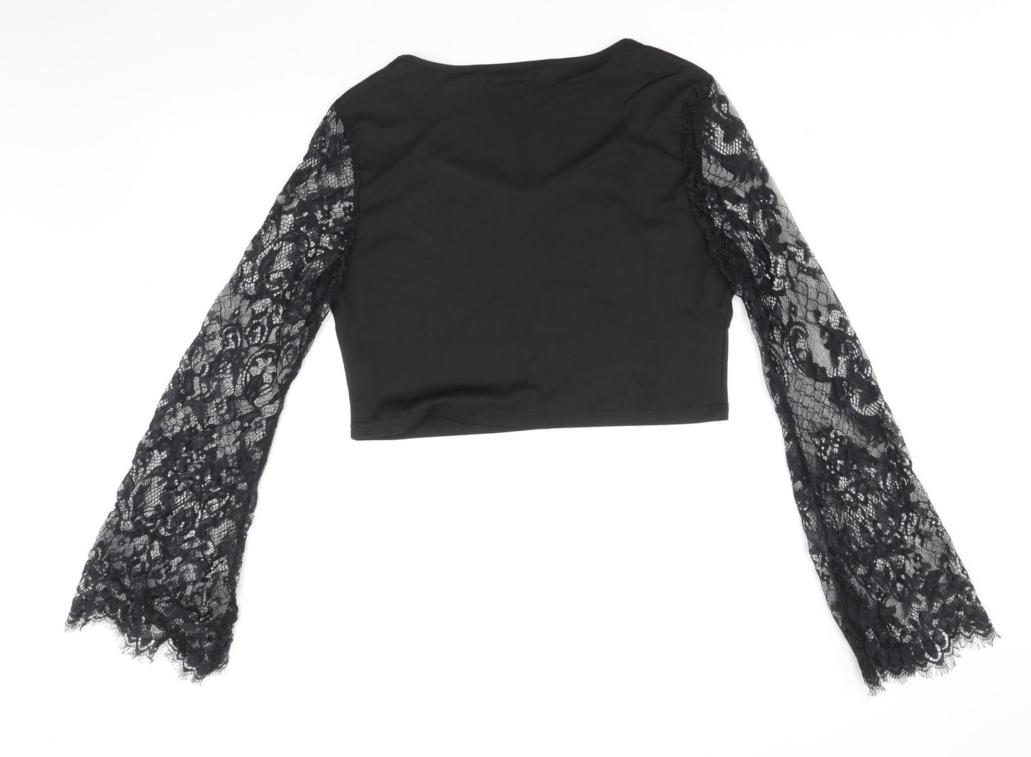 SheIn Womens Black Cotton Cropped Blouse Size XL Scoop Neck - Lace Sleeve