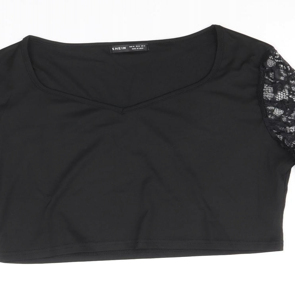 SheIn Womens Black Cotton Cropped Blouse Size XL Scoop Neck - Lace Sleeve