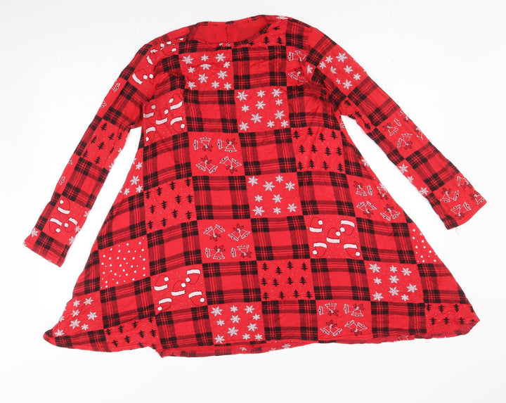 Preworn Womens Red Geometric Viscose Tunic Blouse Size S Round Neck - Christmas Swing Top