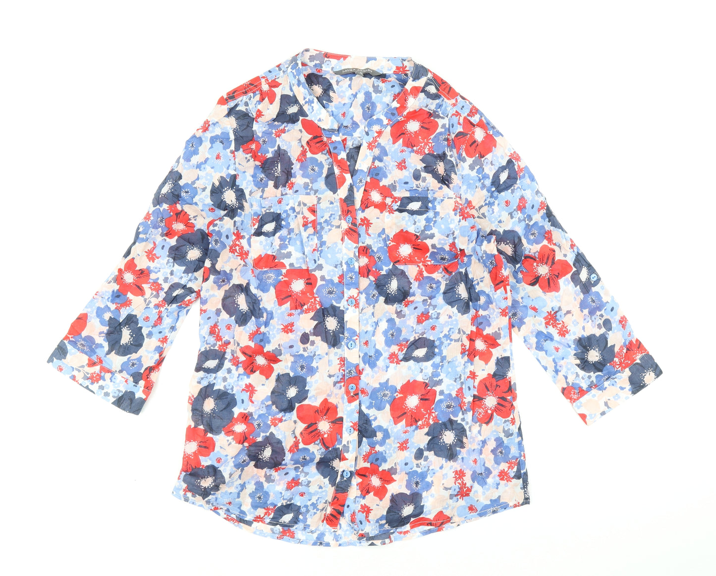 Laura Ashley Womens Blue Floral 100% Cotton Basic Blouse Size 10 V-Neck