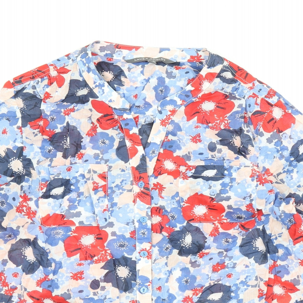 Laura Ashley Womens Blue Floral 100% Cotton Basic Blouse Size 10 V-Neck