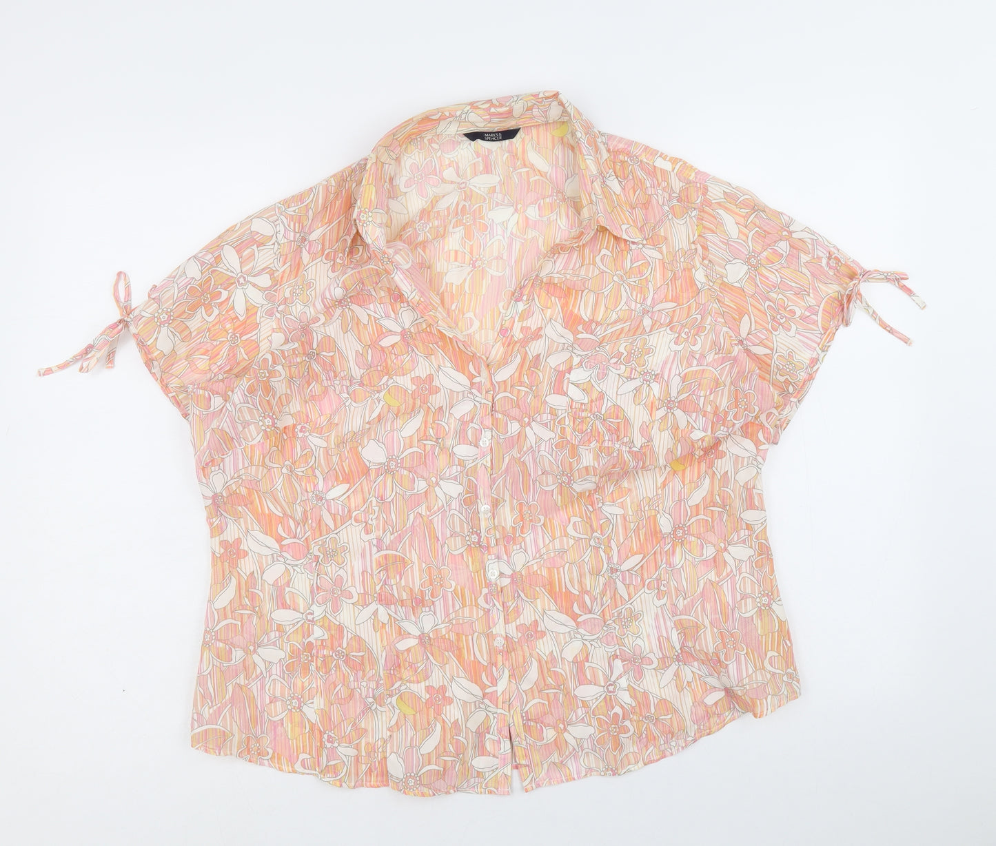 Marks and Spencer Womens Orange Floral Polyester Basic Button-Up Size 20 Collared - Sleeve Tie Detail