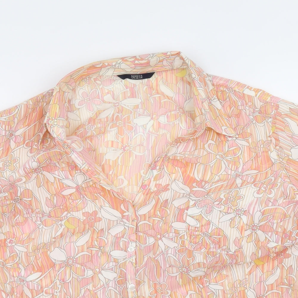 Marks and Spencer Womens Orange Floral Polyester Basic Button-Up Size 20 Collared - Sleeve Tie Detail