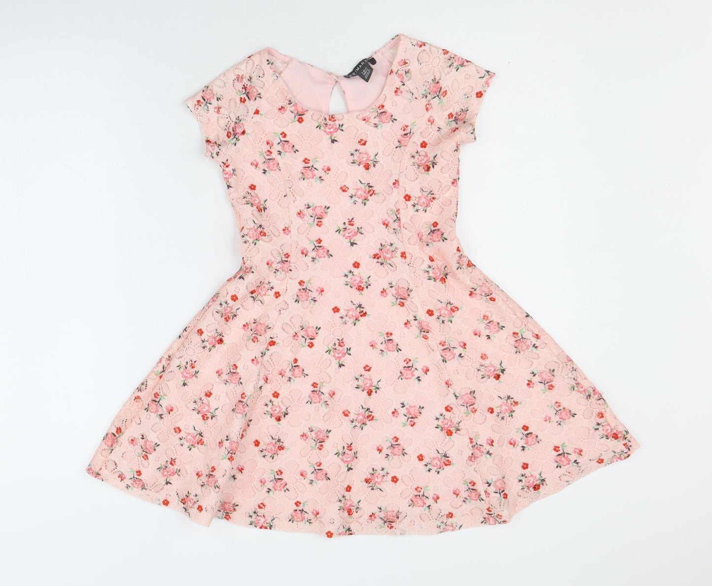 Primark Girls Pink Floral Polyester Fit & Flare Size 7-8 Years Round Neck Button