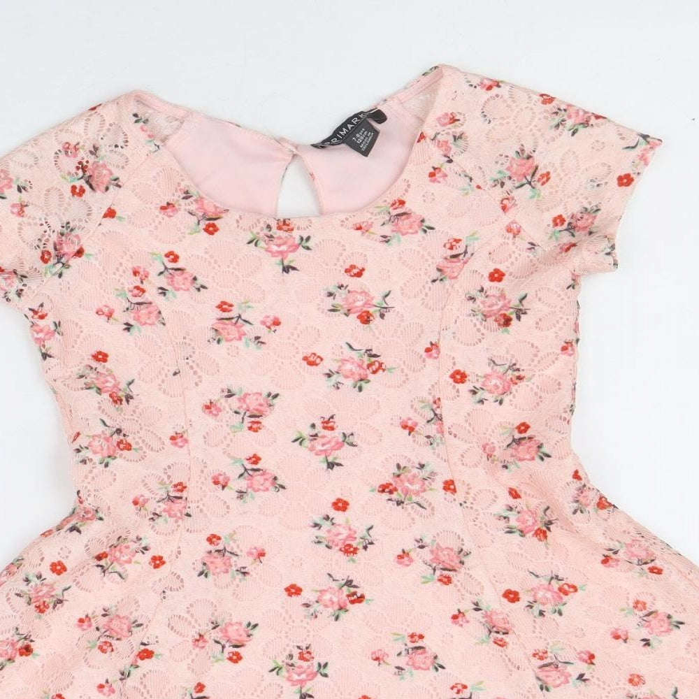 Primark Girls Pink Floral Polyester Fit & Flare Size 7-8 Years Round Neck Button