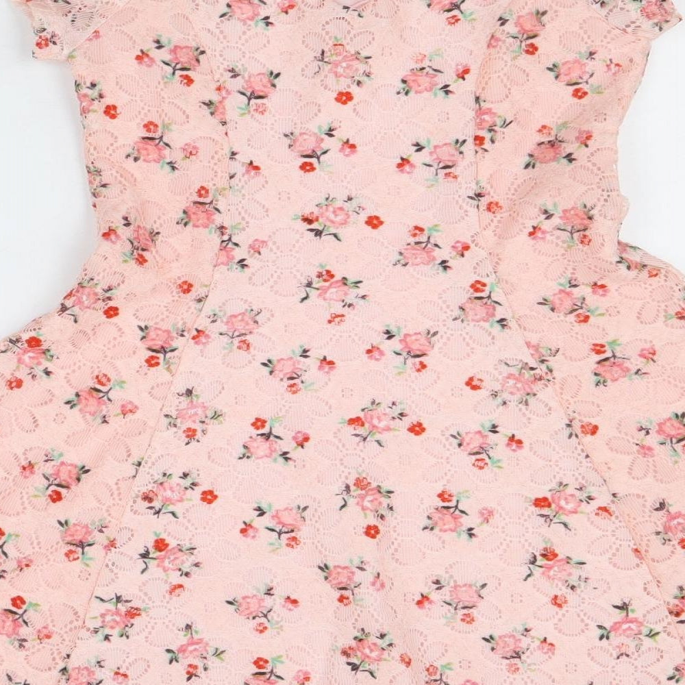 Primark Girls Pink Floral Polyester Fit & Flare Size 7-8 Years Round Neck Button