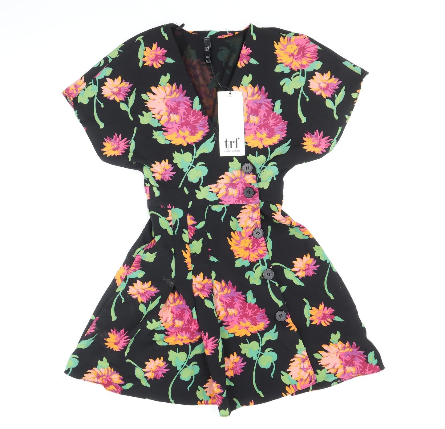 Zara Womens Black Floral Polyester A-Line Size XS V-Neck Button