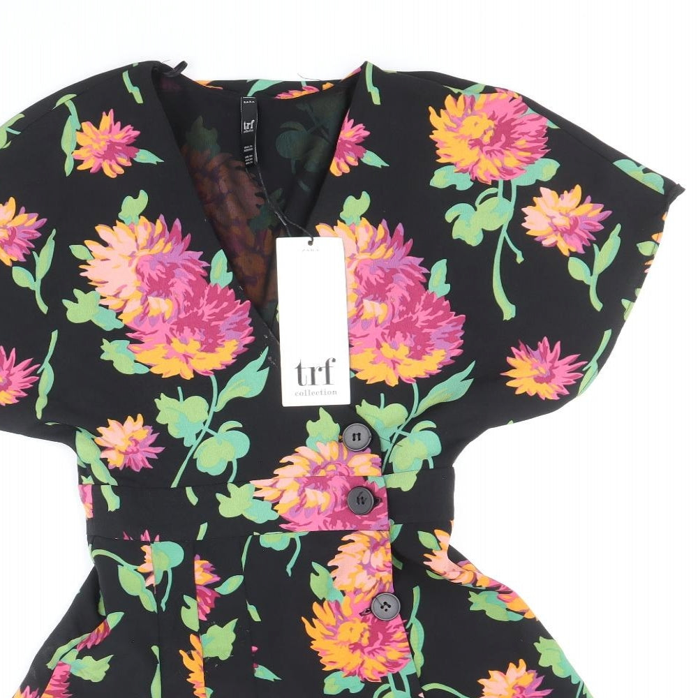 Zara Womens Black Floral Polyester A-Line Size XS V-Neck Button