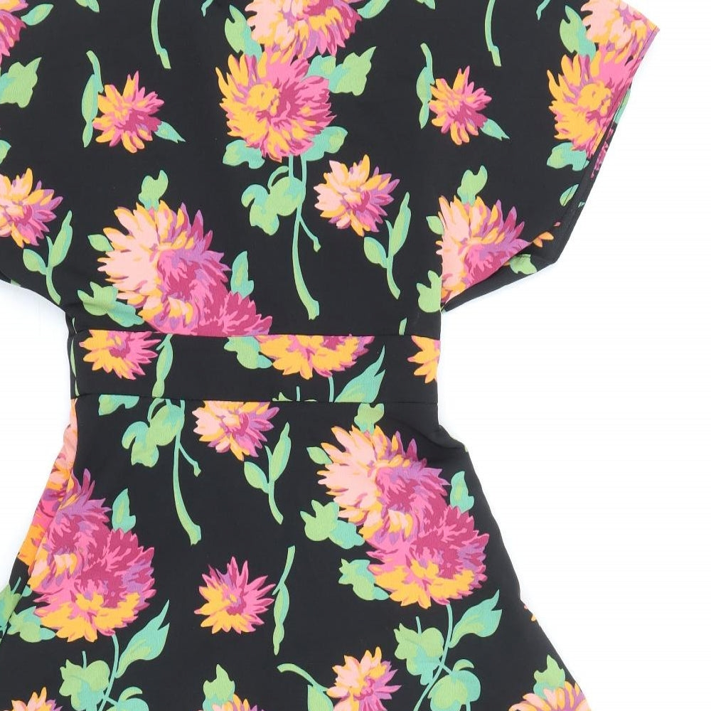 Zara Womens Black Floral Polyester A-Line Size XS V-Neck Button