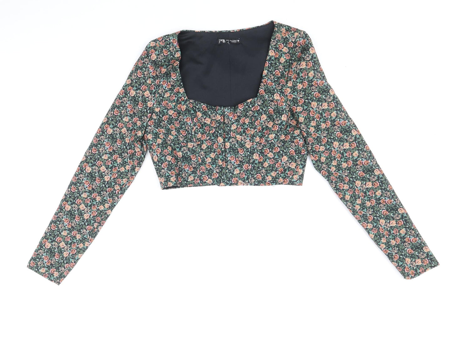 Zara Womens Multicoloured Floral Polyester Cropped Blouse Size M Square Neck