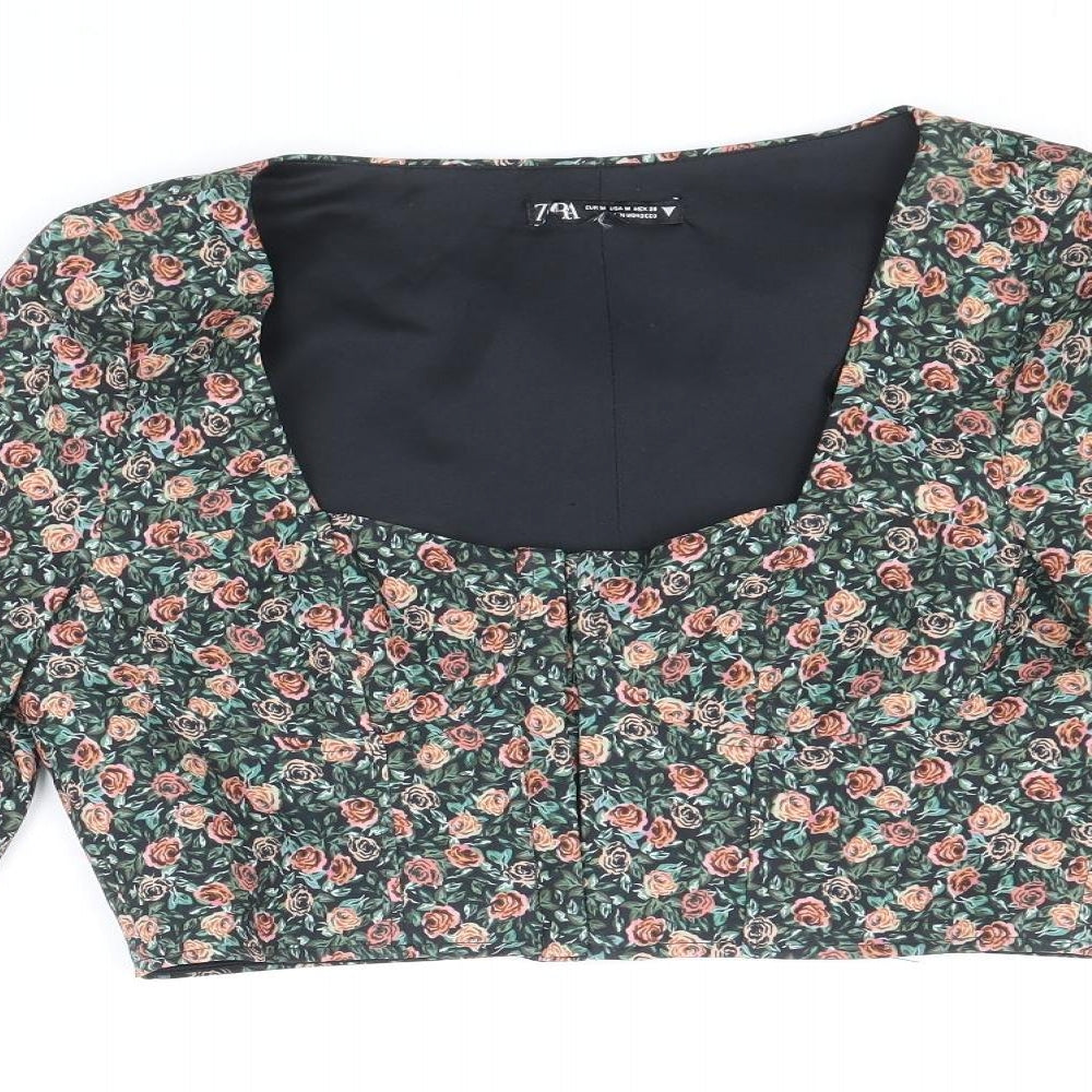 Zara Womens Multicoloured Floral Polyester Cropped Blouse Size M Square Neck