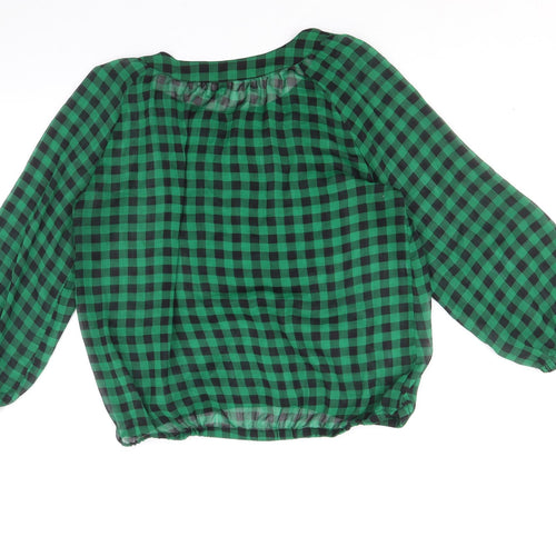 Divided by H&M Womens Green Check Polyester Cropped Blouse Size 10 Scoop Neck