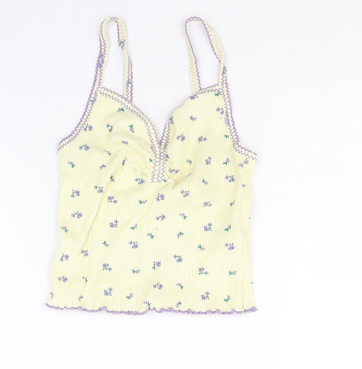 Urban Outfitters Womens Yellow Floral Cotton Cropped Tank Size S V-Neck - Ribbed