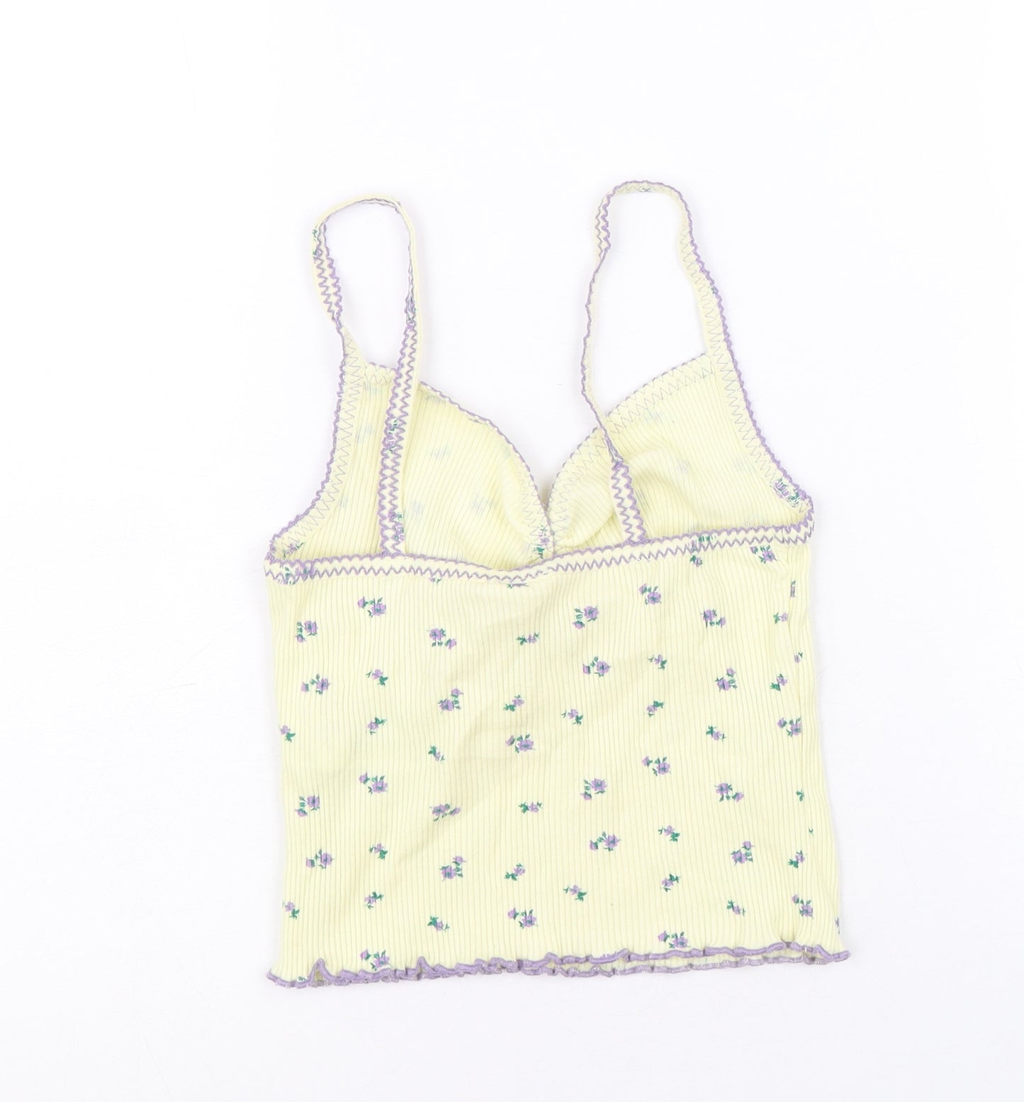 Urban Outfitters Womens Yellow Floral Cotton Cropped Tank Size S V-Neck - Ribbed