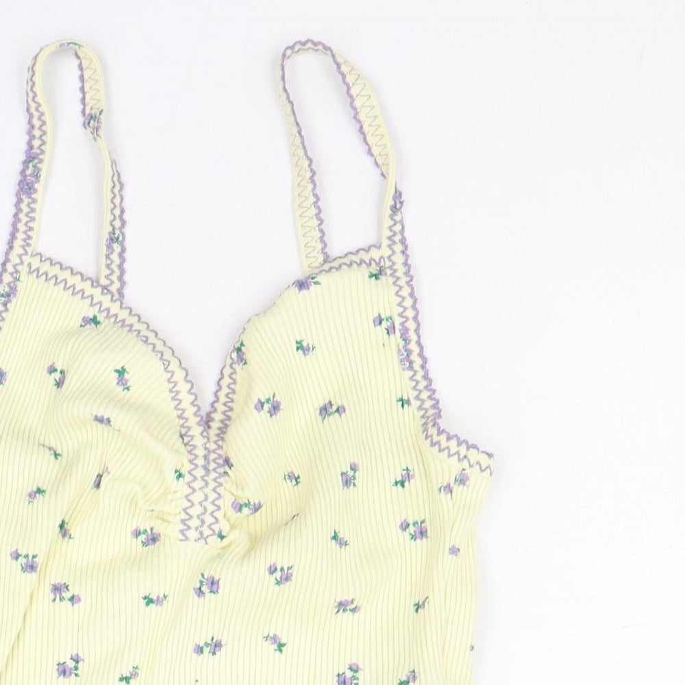 Urban Outfitters Womens Yellow Floral Cotton Cropped Tank Size S V-Neck - Ribbed