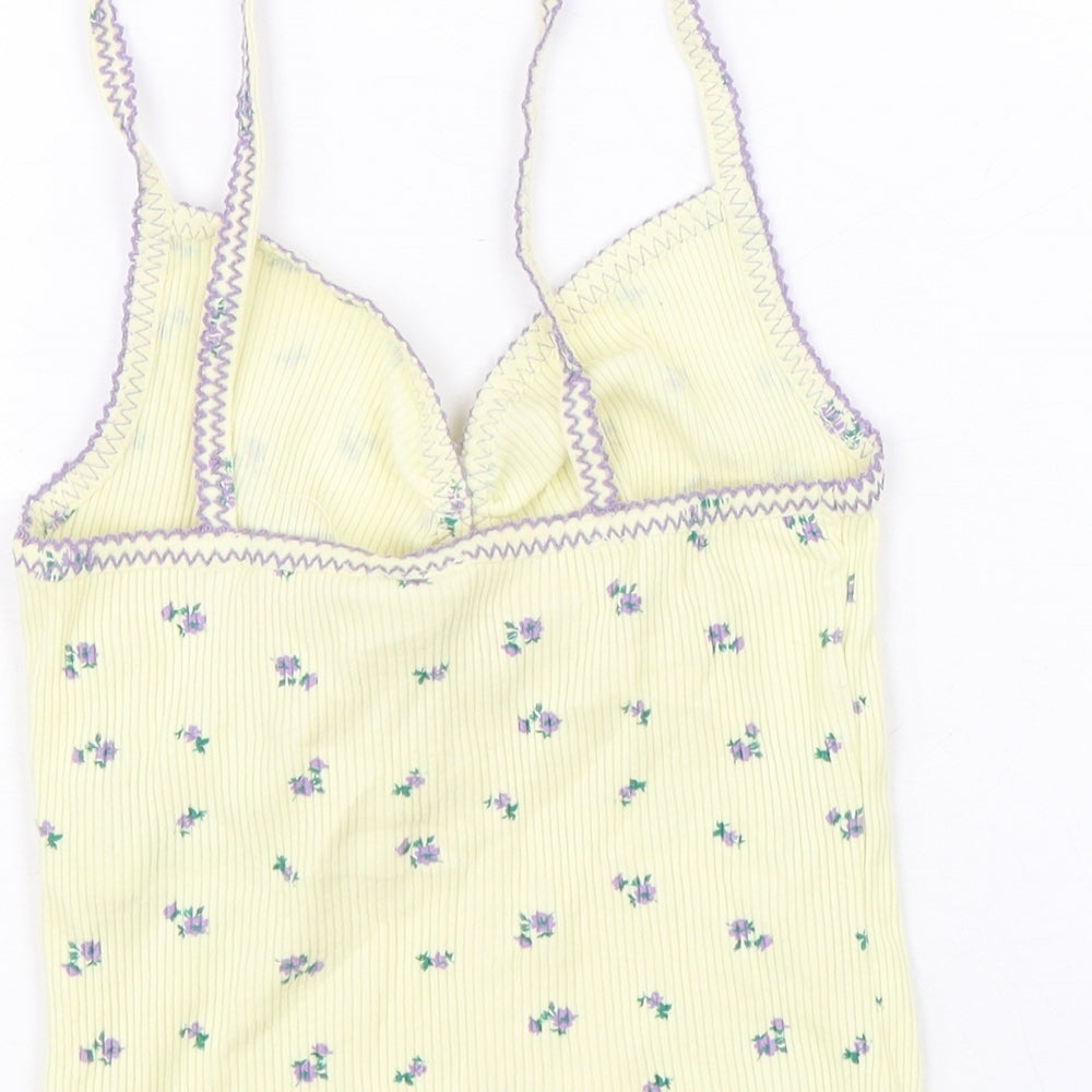 Urban Outfitters Womens Yellow Floral Cotton Cropped Tank Size S V-Neck - Ribbed