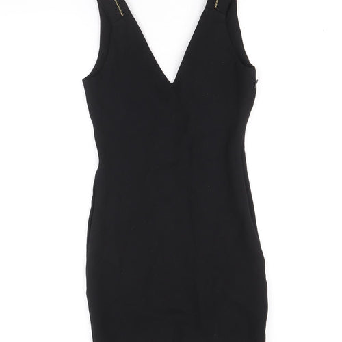 Zara Womens Black Viscose Pencil Dress Size S V-Neck Zip