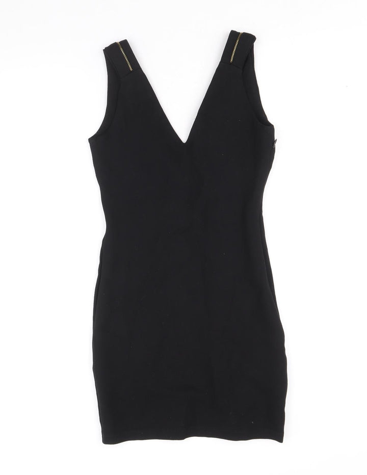 Zara Womens Black Viscose Pencil Dress Size S V-Neck Zip