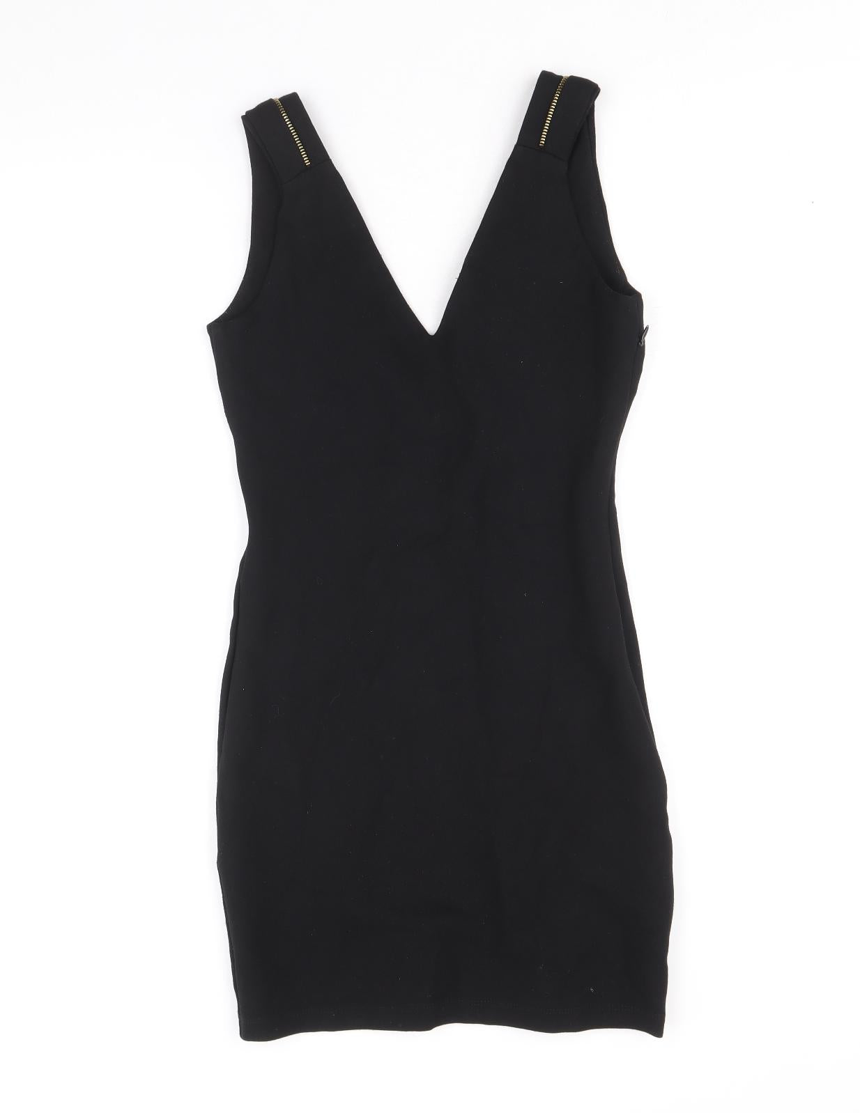 Zara Womens Black Viscose Pencil Dress Size S V-Neck Zip