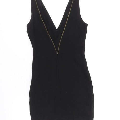 Zara Womens Black Viscose Pencil Dress Size S V-Neck Zip