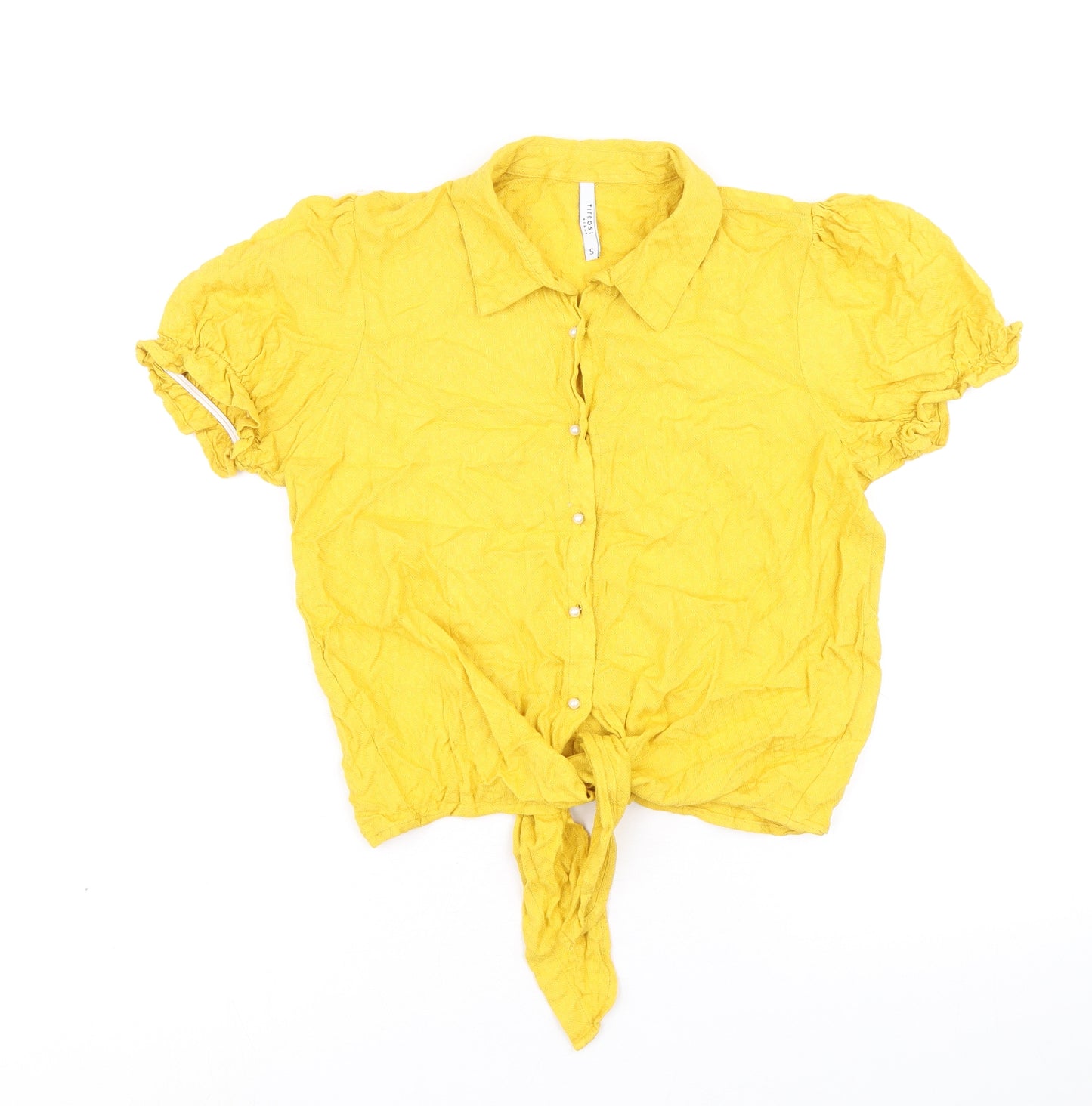 Tiffosi Womens Yellow Viscose Cropped Button-Up Size S Collared - Knot Front