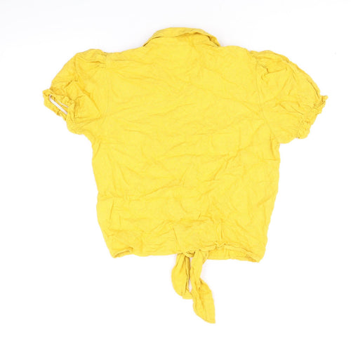 Tiffosi Womens Yellow Viscose Cropped Button-Up Size S Collared - Knot Front