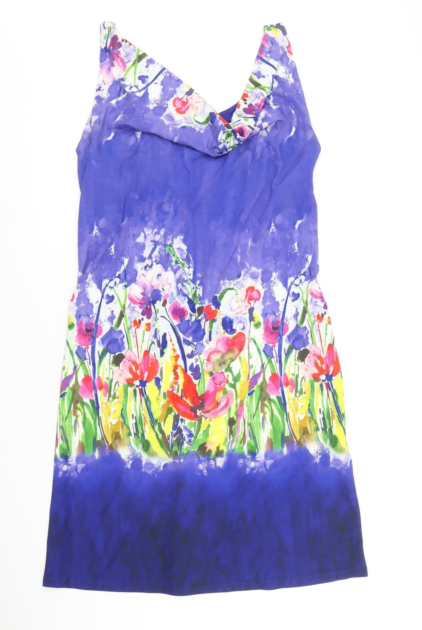 Preworn Womens Blue Floral Polyamide A-Line Size 14 Cowl Neck Pullover