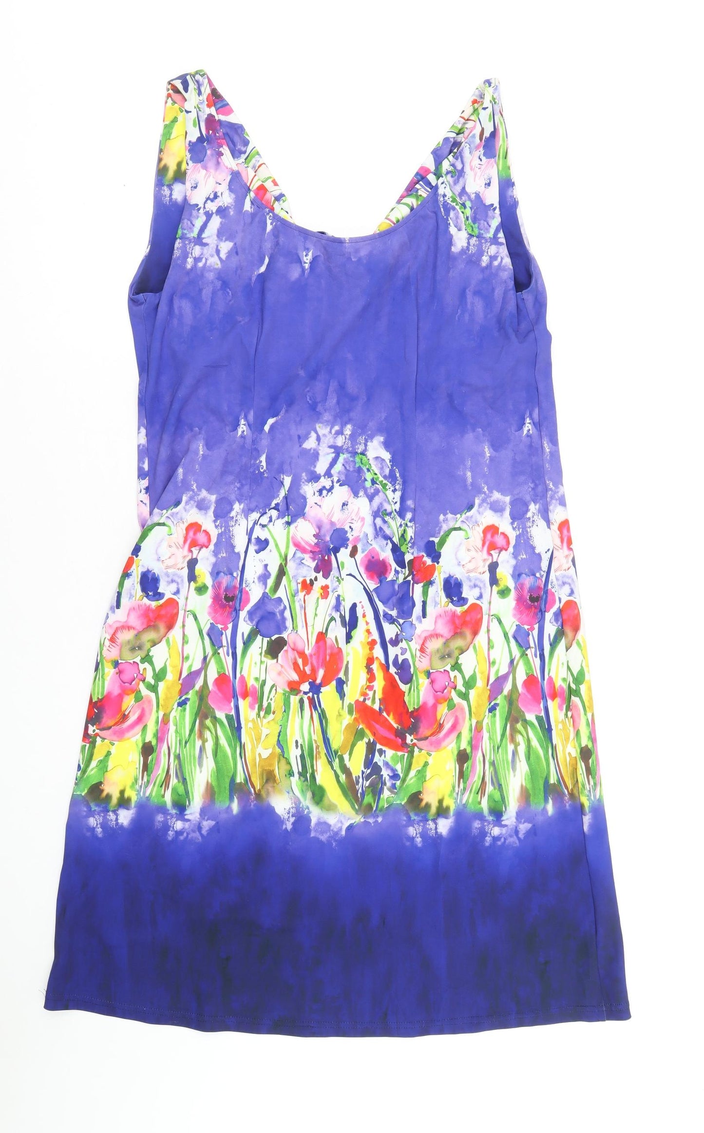 Preworn Womens Blue Floral Polyamide A-Line Size 14 Cowl Neck Pullover