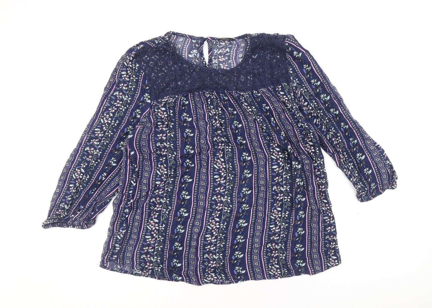 M&Co Womens Blue Floral Viscose Basic Blouse Size 12 Scoop Neck - Lace Detail