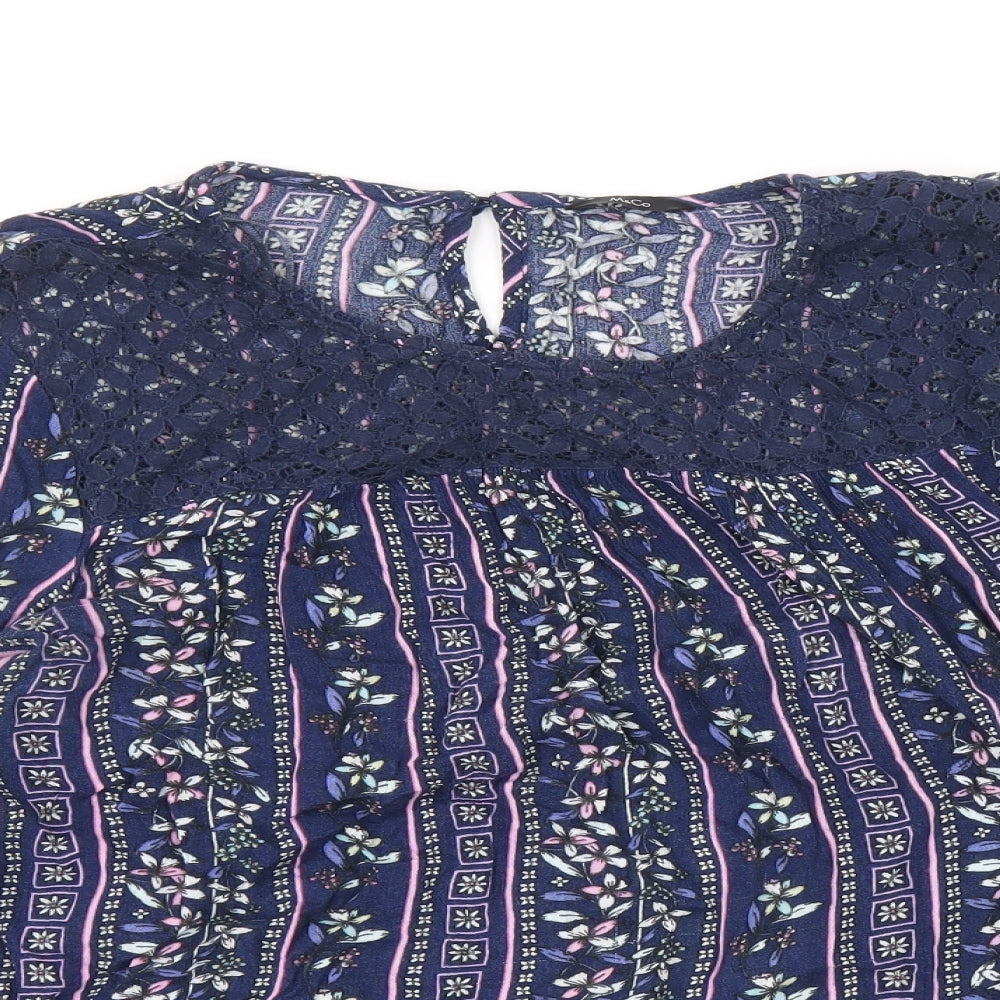 M&Co Womens Blue Floral Viscose Basic Blouse Size 12 Scoop Neck - Lace Detail