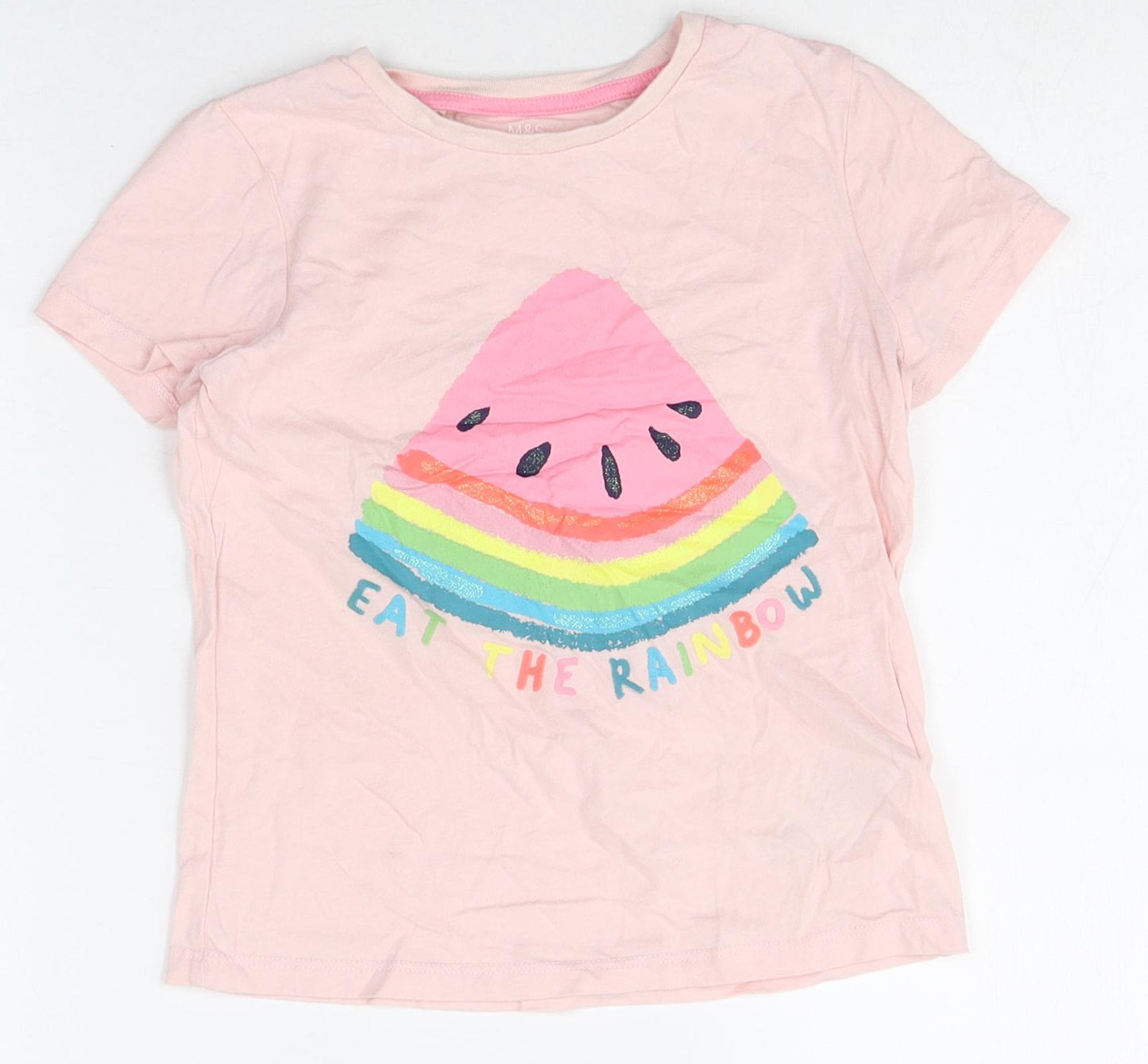 Marks and Spencer Girls Pink 100% Cotton Basic T-Shirt Size 6-7 Years Round Neck Pullover - Watermelon Rainbow