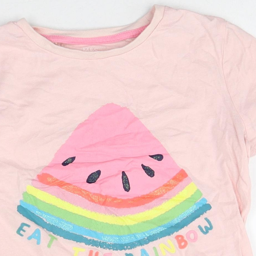 Marks and Spencer Girls Pink 100% Cotton Basic T-Shirt Size 6-7 Years Round Neck Pullover - Watermelon Rainbow