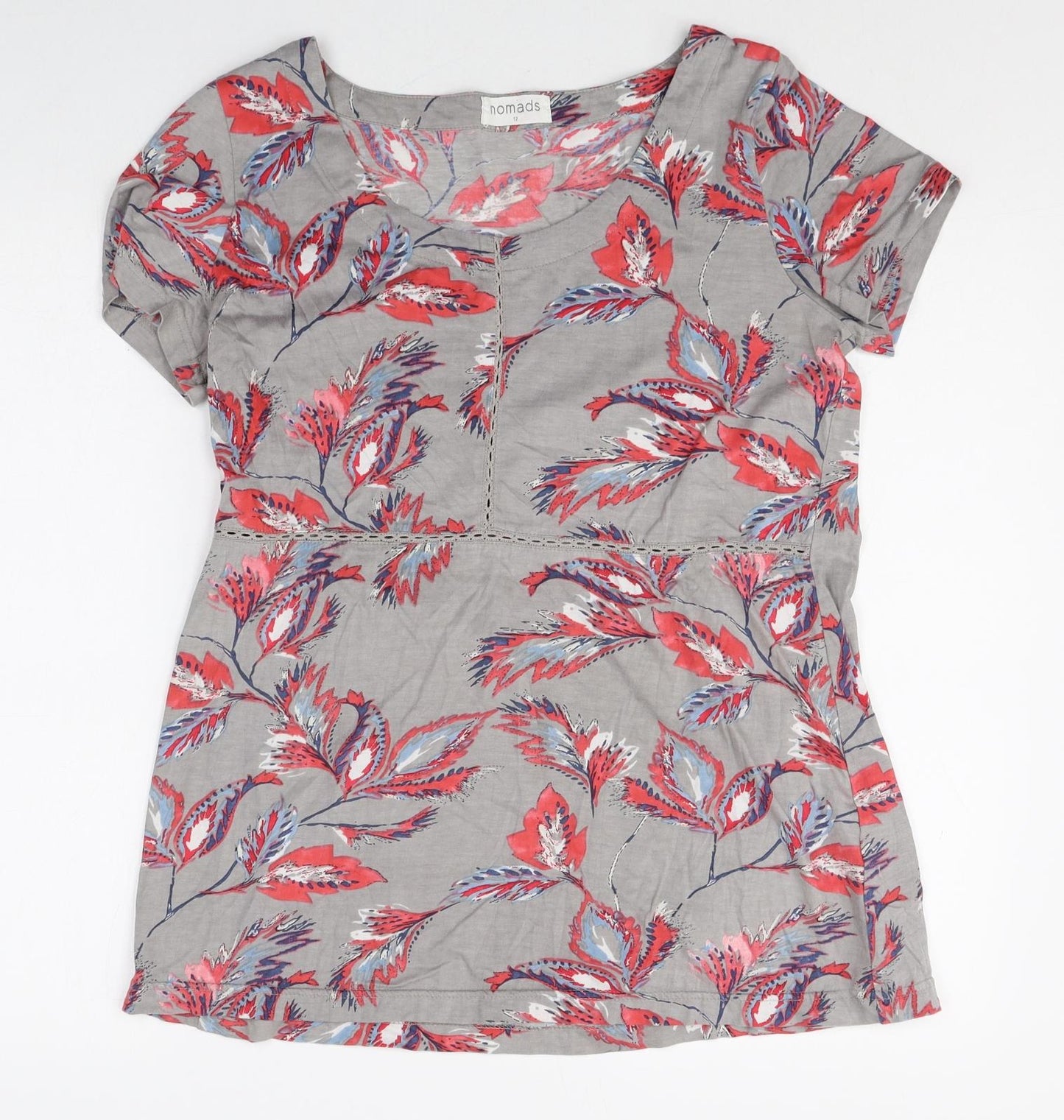 Nomads Womens Multicoloured Geometric 100% Cotton Tunic Blouse Size 12 Round Neck - Leaf Print