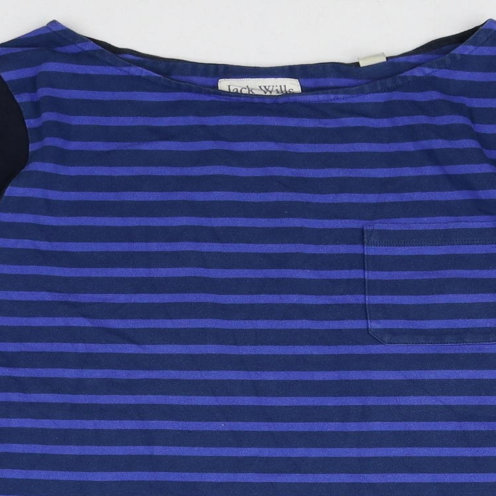 Jack Wills Womens Blue Striped 100% Cotton Basic Blouse Size 14 Boat Neck