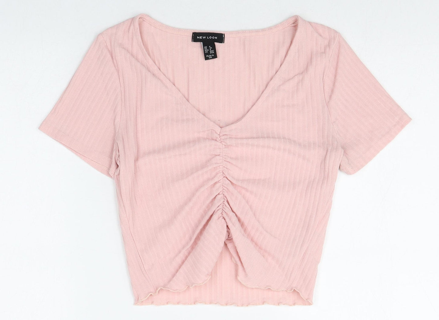 New Look Womens Pink Polyester Cropped T-Shirt Size 8 V-Neck - Front Ruched
