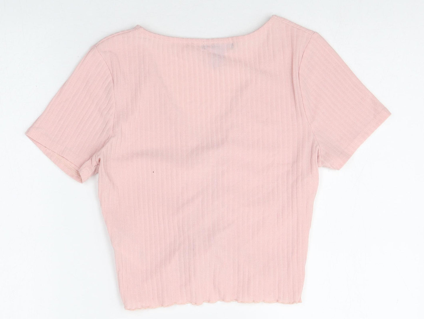 New Look Womens Pink Polyester Cropped T-Shirt Size 8 V-Neck - Front Ruched